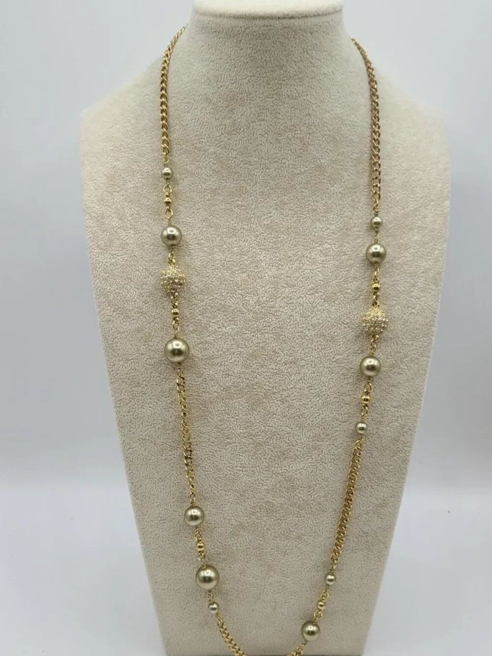 J Crew Gray Pearl clear Pave Crystal Gold Tone Necklace
